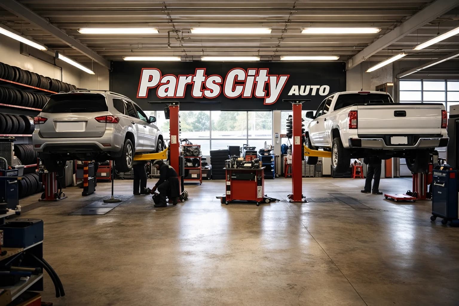 Vehicle service bays at Little Kansas Tire